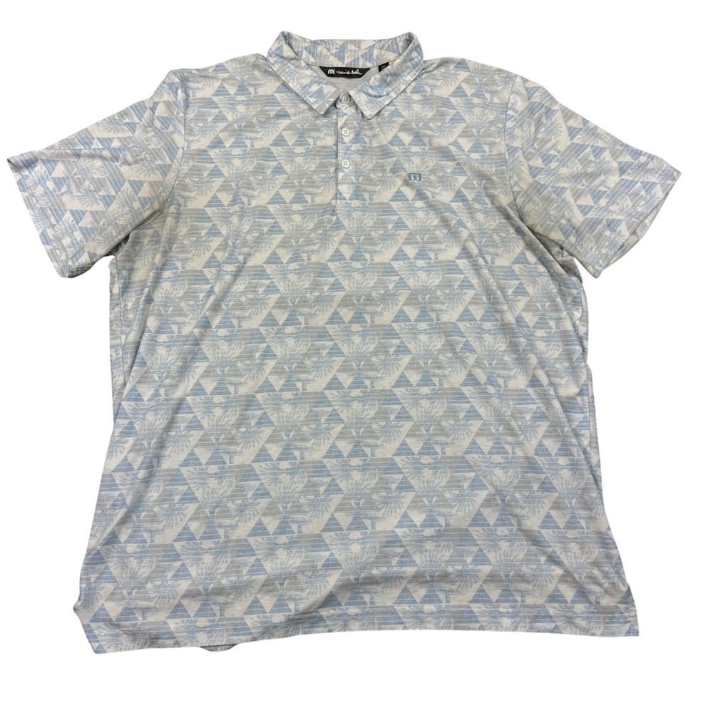 Travis Mathew Mens XXXL Blue Geometric Palm Tree Golf Polo Shirt Short Sleeve
